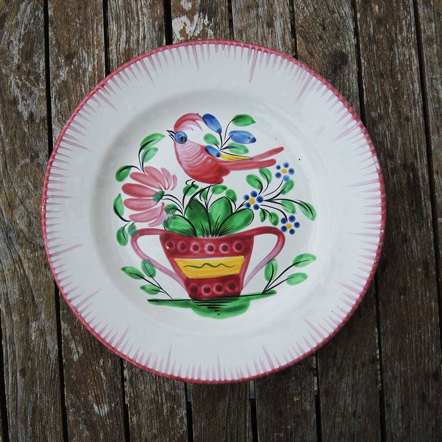 Antique Hand Painted Earthenware Flat Plate - Rooster on Basket of Flowers