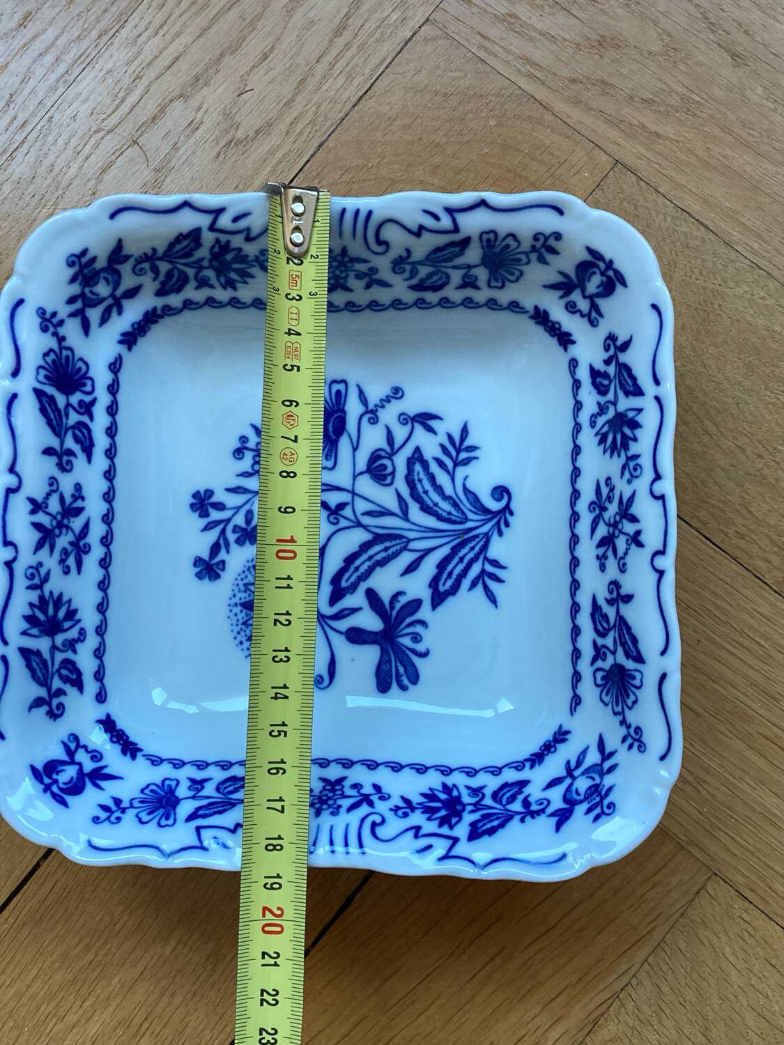 Square blue and white Czech porcelain salad bowl