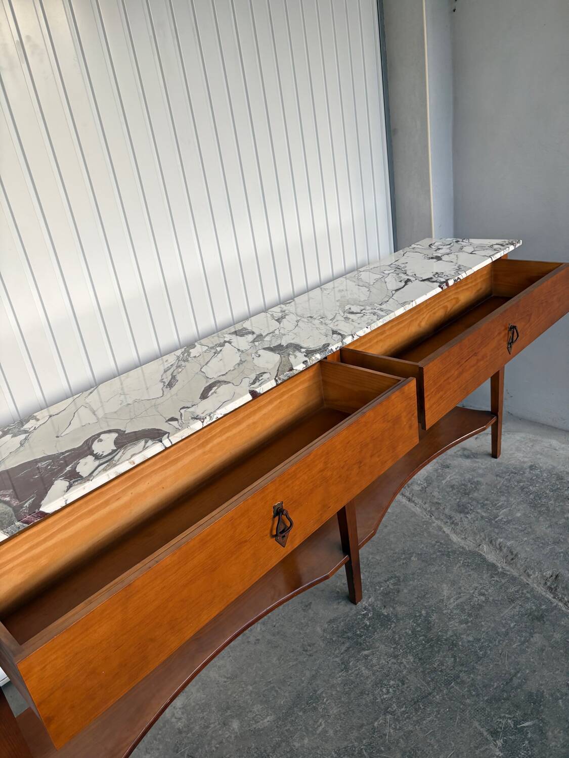 Large console in Calacatta Viola marble & solid cherry wood.