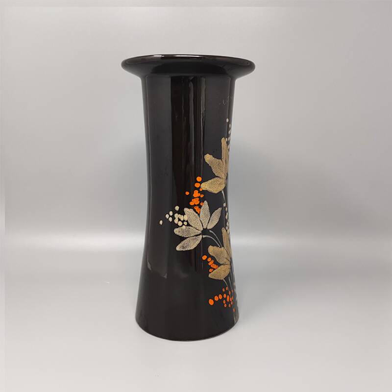1970s brown vase ceramic by SIC hand-painted. Made in Italy