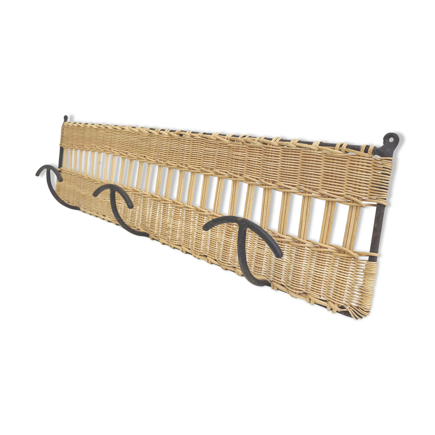 Porte manteaux mural à 3 patères en fer et osier tressé années 60