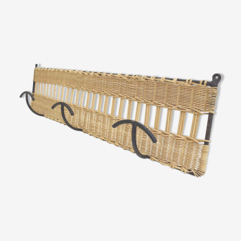 Wall coat rack with 3 hooks in iron and wicker braided 60s