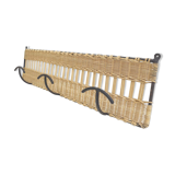 Wall coat rack with 3 hooks in iron and wicker braided 60s