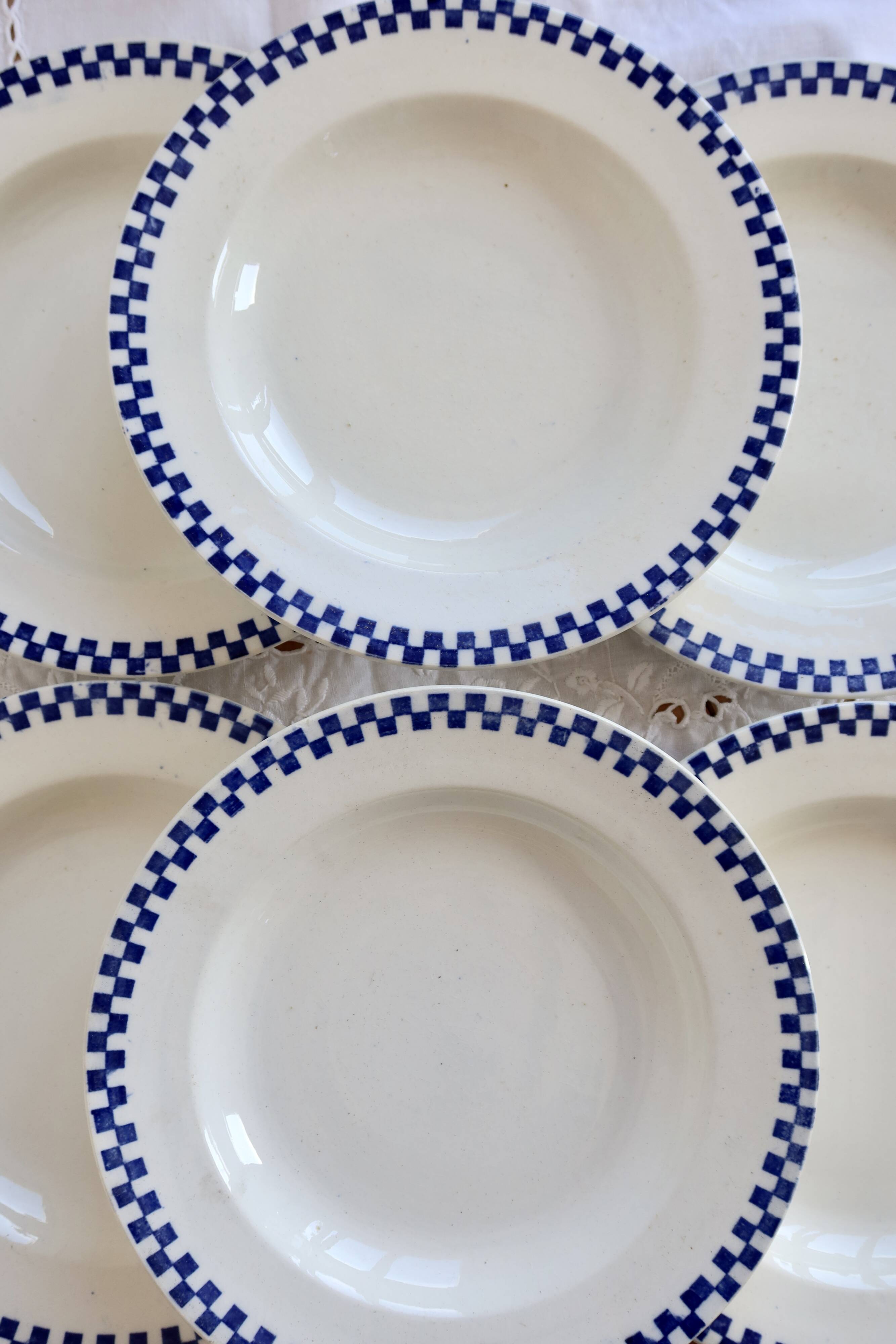 6 antique deep plates, ironstone Salins - Checkerboard model