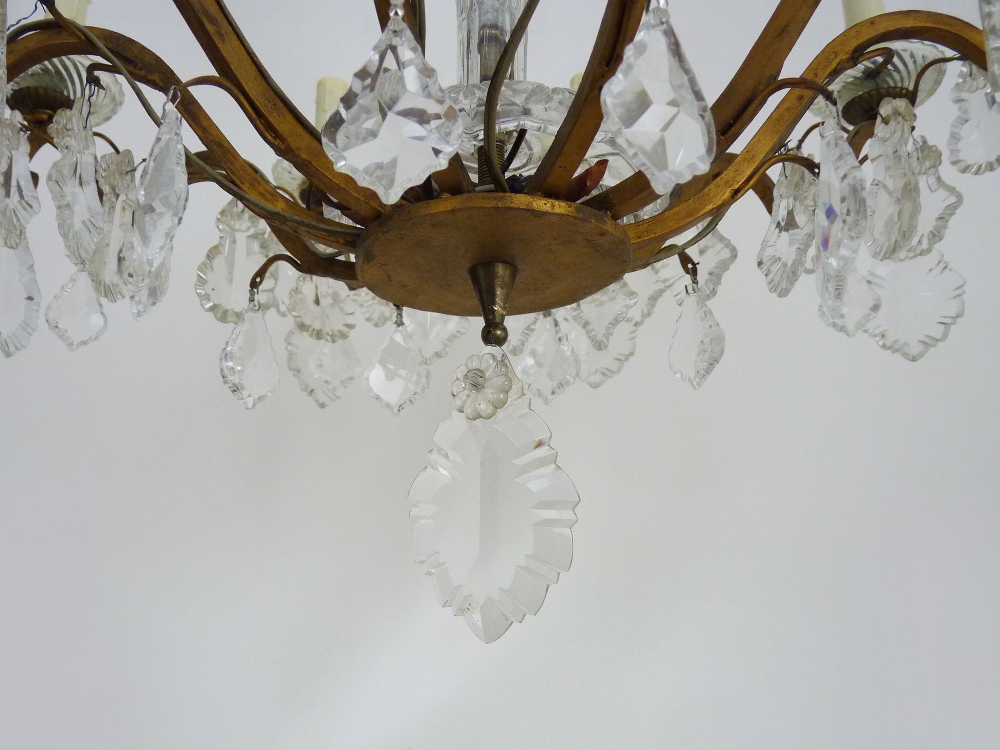 Old chandelier, suspension, old luminaire with 10 branches, brass and glass. 50s