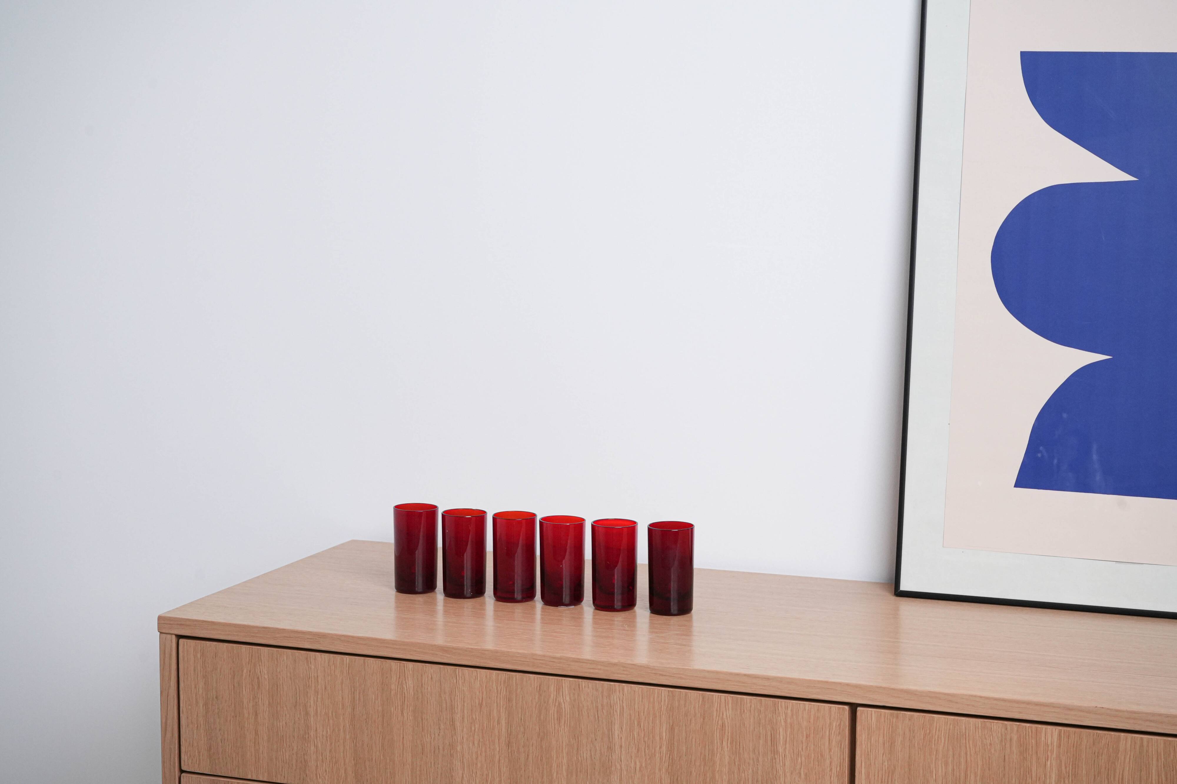 Set of ruby-coloured glasses, Italian design, 1970s, made in Italy