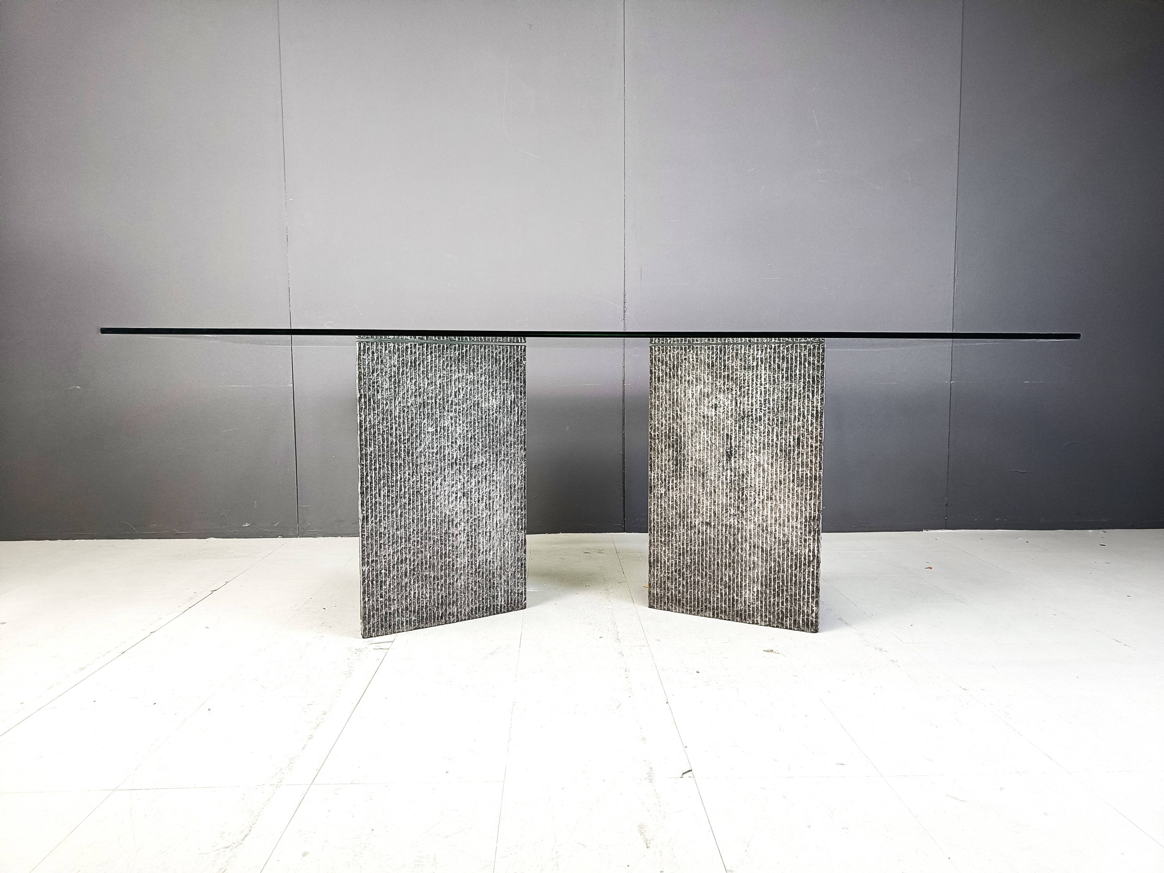 Vintage brutalist glass and marble dining table, 1970s