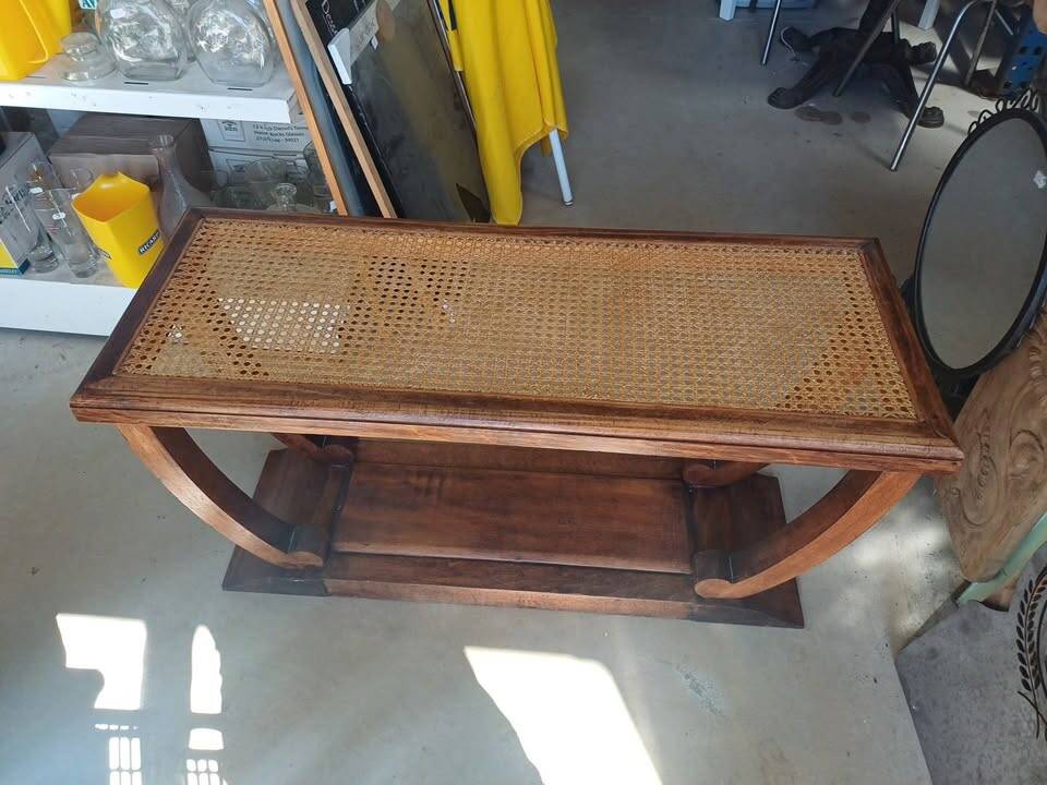 Table console Art Déco en bois et cannage