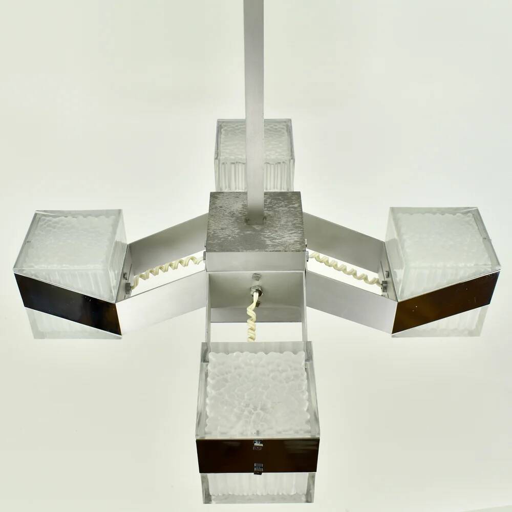 1970s Cubist Chandelier Chrome Glass Mid Century Modern