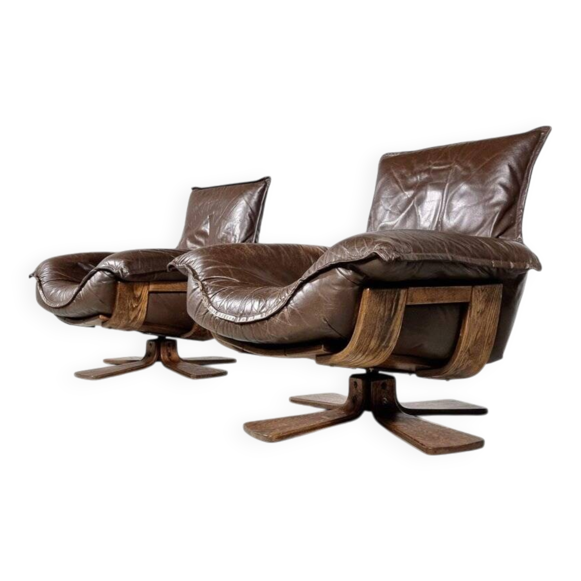 2 Leather and Oak Swivel Armchairs by Carl Straub, 1960s