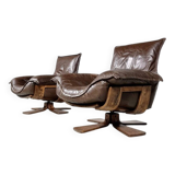 2 Leather and Oak Swivel Armchairs by Carl Straub, 1960s
