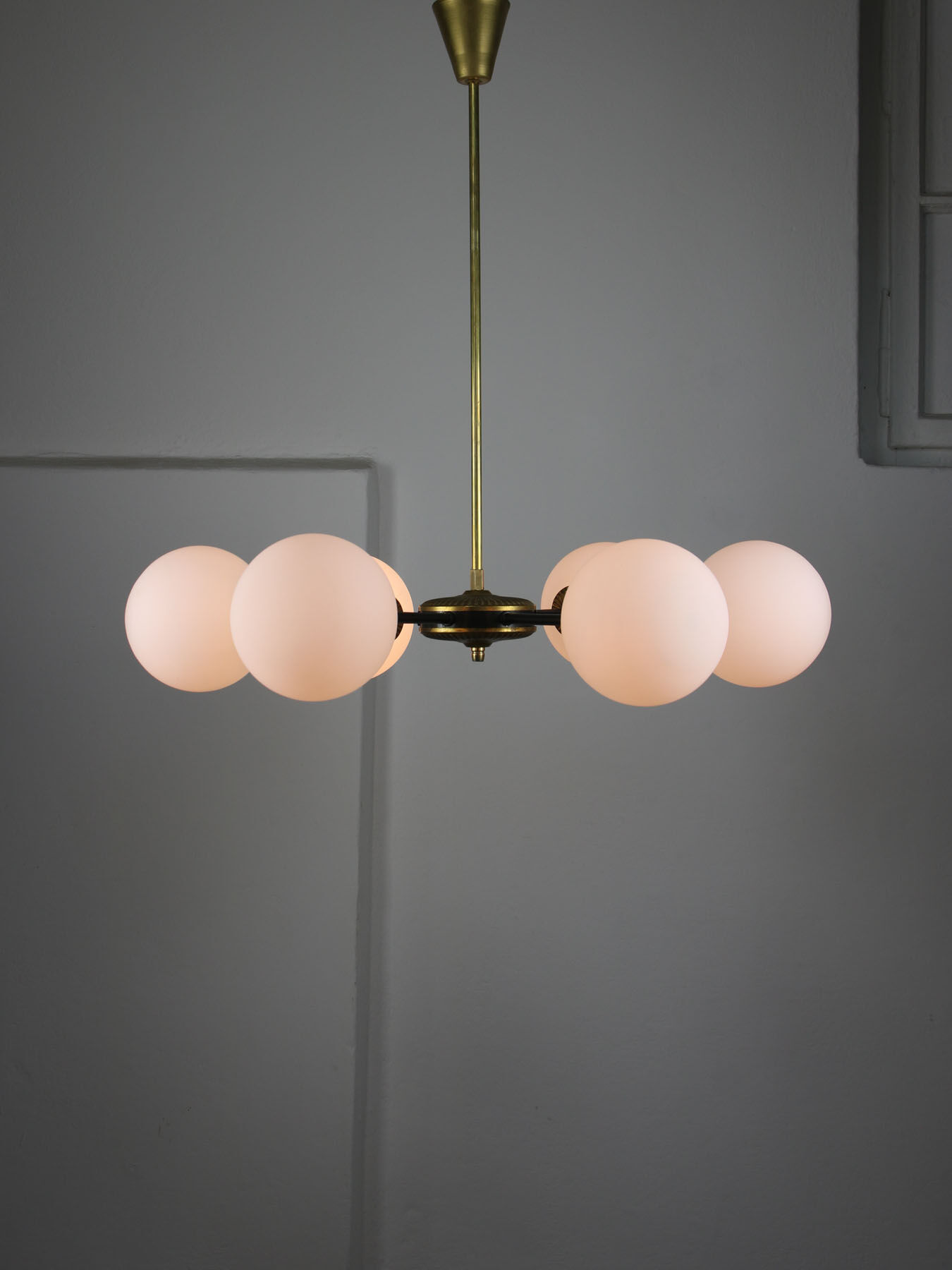 Mid-century sputnik brass and opaline glass chandelier