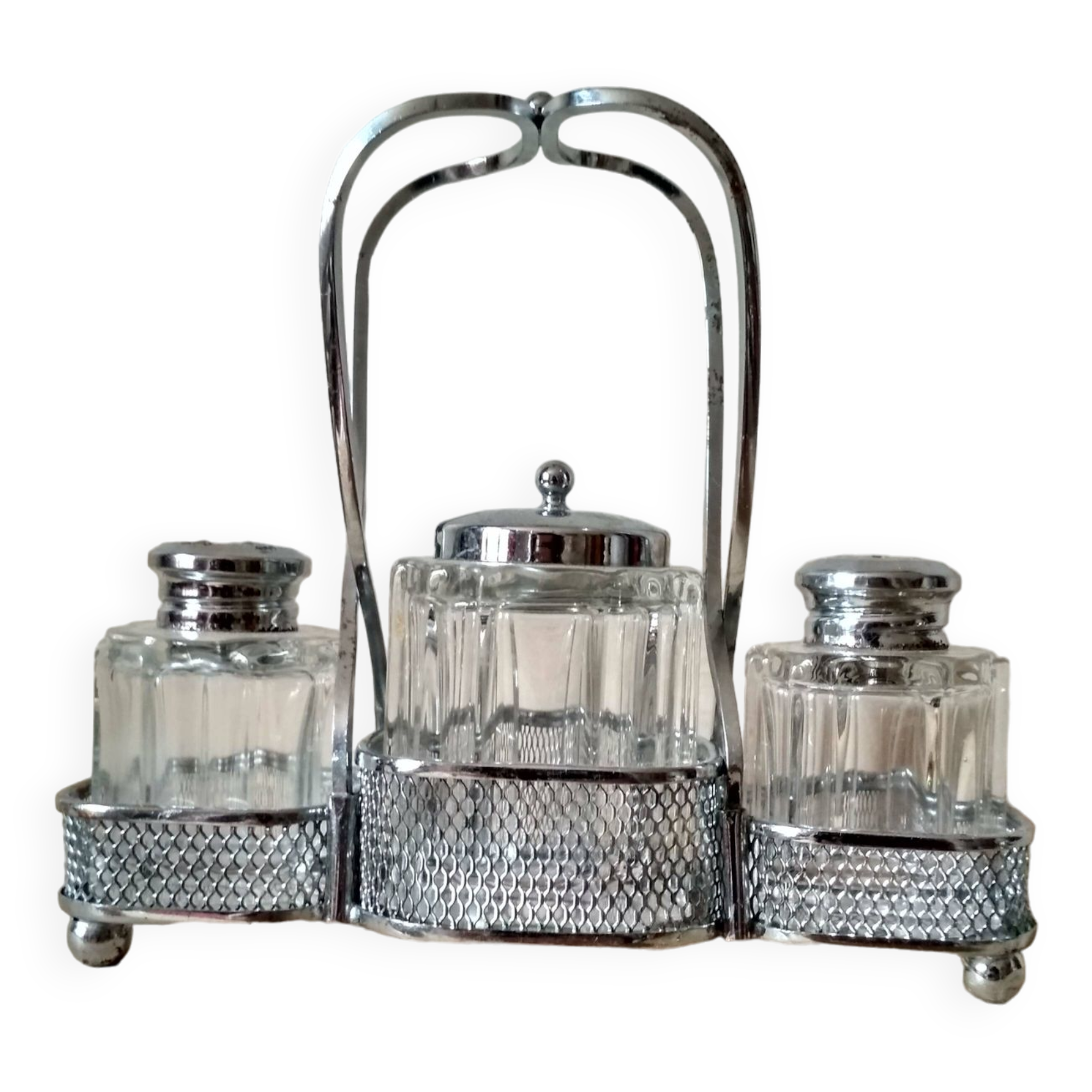 Set of 2 small salt pots and mustard pot in molded glass on their metal servant