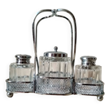 Set of 2 small salt pots and mustard pot in molded glass on their metal servant