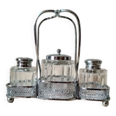 Set of 2 small salt pots and mustard pot in molded glass on their metal servant