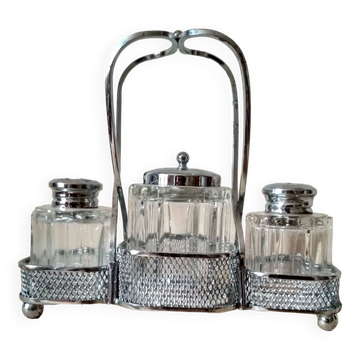 Set of 2 small salt pots and mustard pot in molded glass on their metal servant