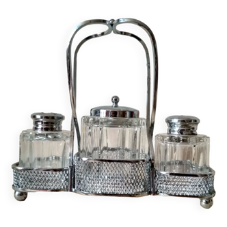 Set of 2 small salt pots and mustard pot in molded glass on their metal servant