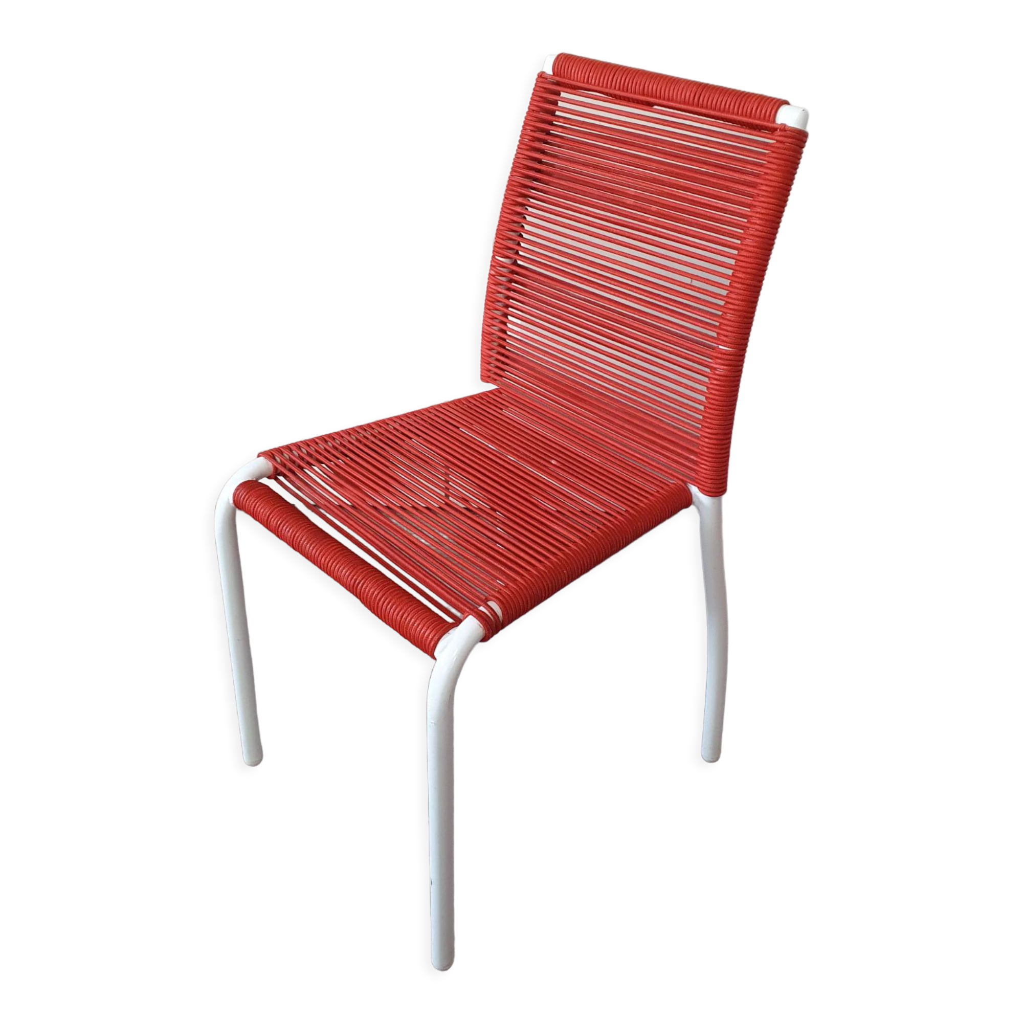 Vintage children's chair in white matel (some splinters of paint) with red scoubidou rope year 70