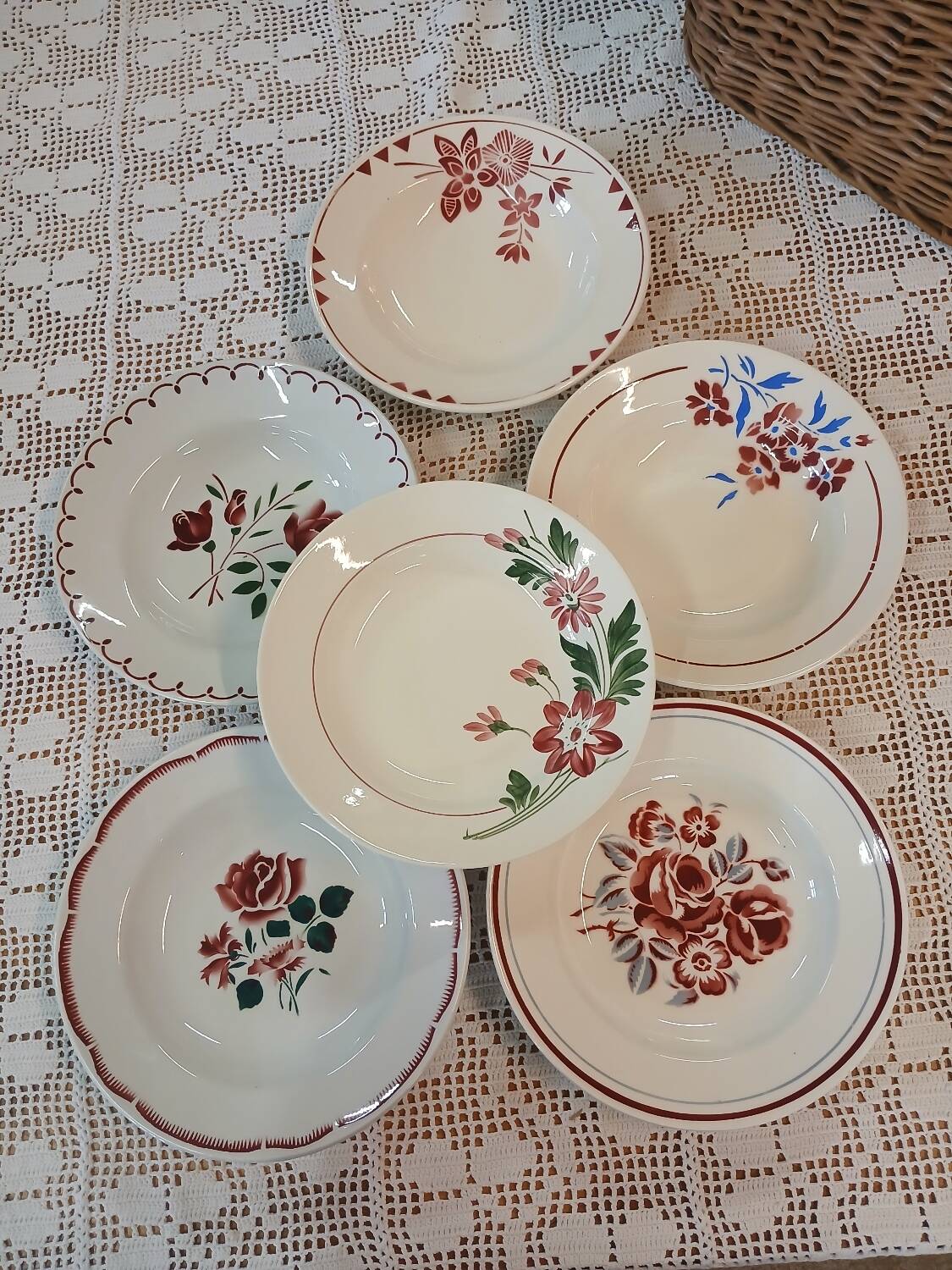 6 mismatched antique soup plates