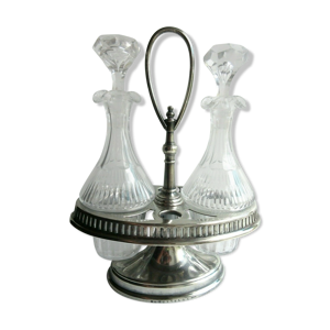 Huilier vinaigrier 2 flacons cristal avec bouchon support métal argenté, signé christofle