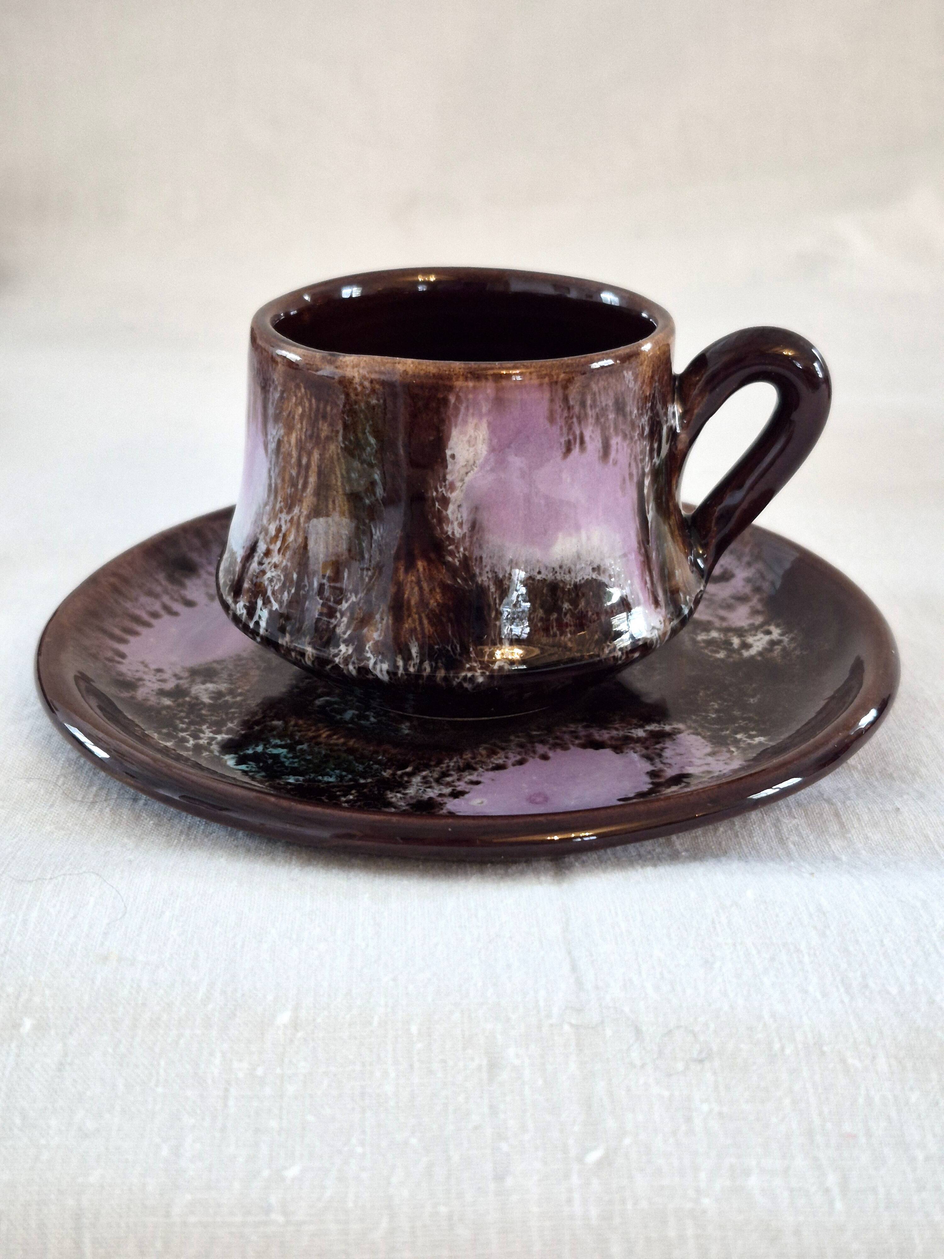 Six cups and saucers Vallauris glazed ceramic in brown and old pink.