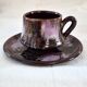 Six cups and saucers Vallauris glazed ceramic in brown and old pink.