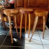 Set of 3 brutalist bar stools in raw wood