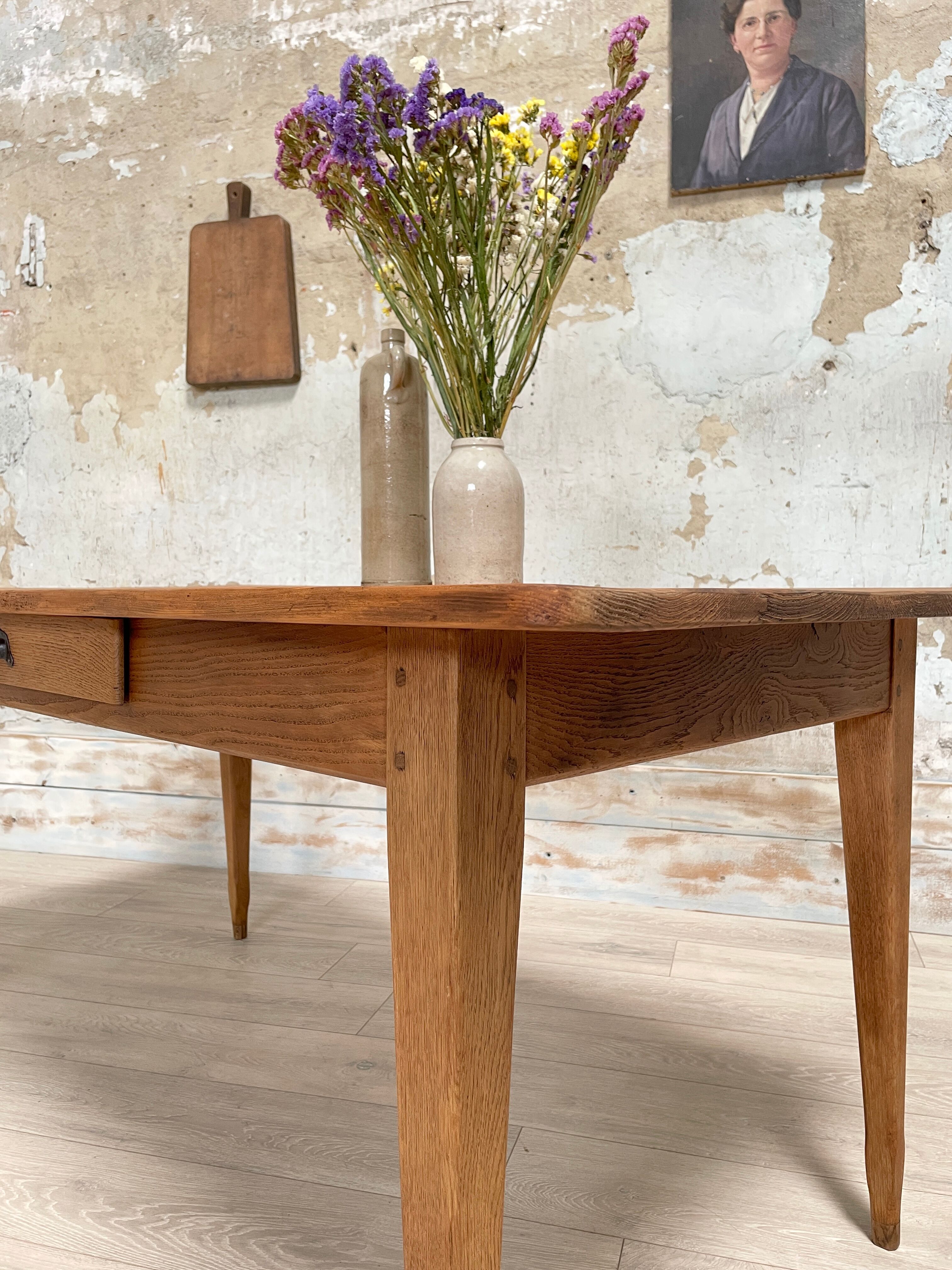 Vintage farmhouse table with spindle legs.