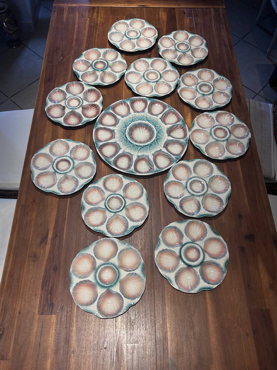 Complete oyster service in barbotine - Digoin & Sarreguemines - 13 pieces