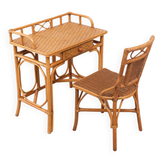 Bohemian Wicker Desk and Chair 1970s France