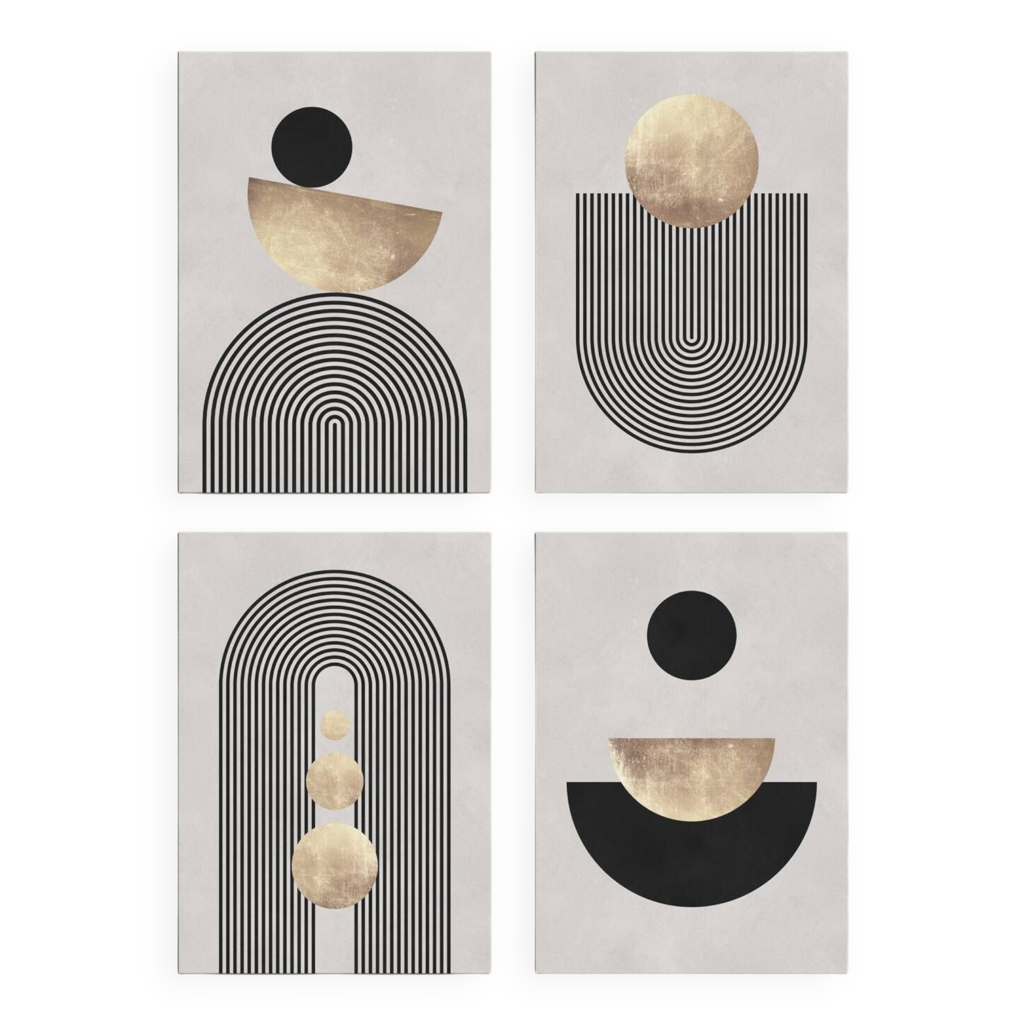 4 impressions d'art géométriques avec des cercles et des lignes.