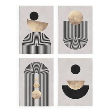 4 impressions d'art géométriques avec des cercles et des lignes.