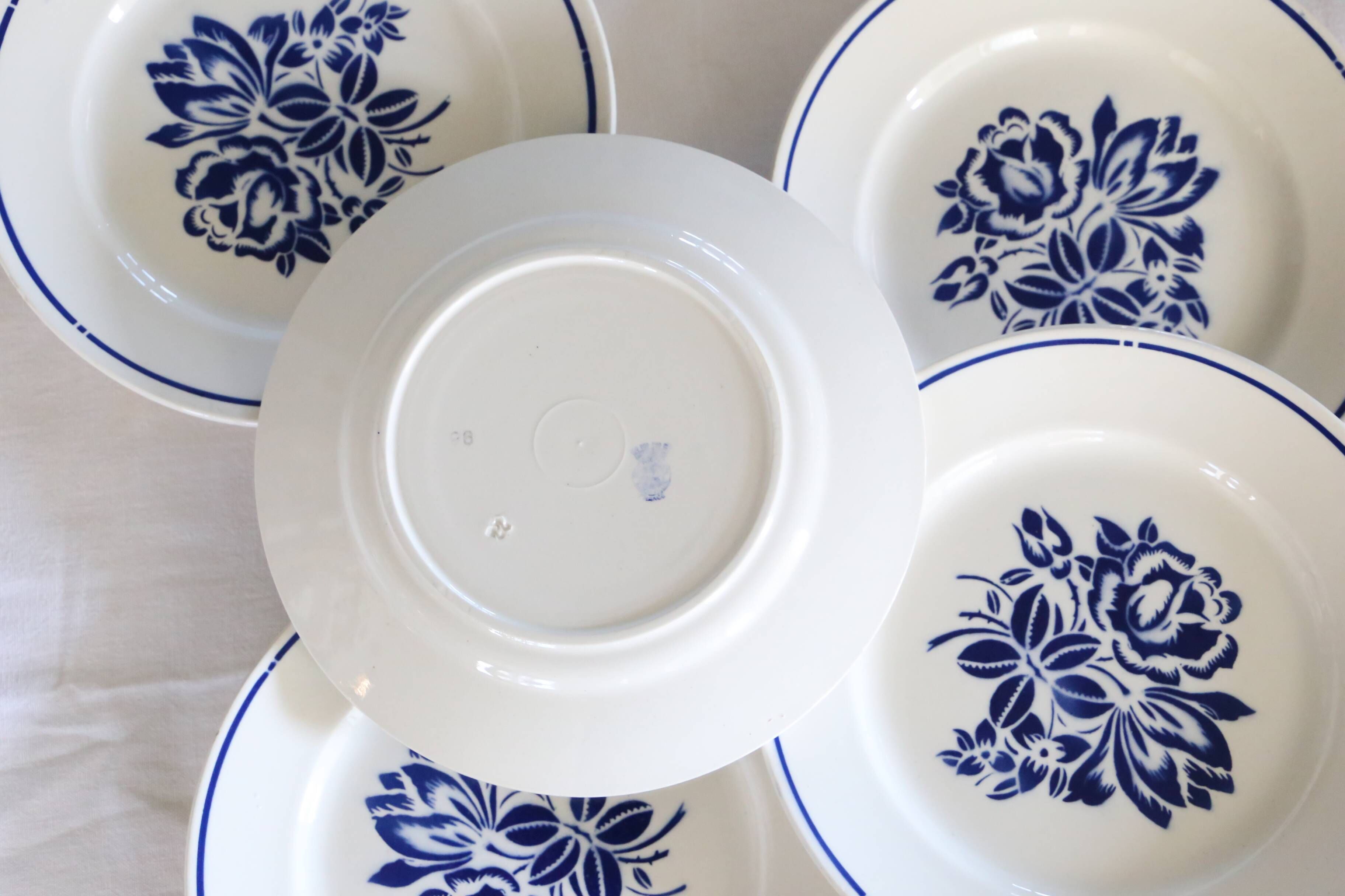 Set of 6 Badonviller flat plates, vintage French, authentic, rare, countryside