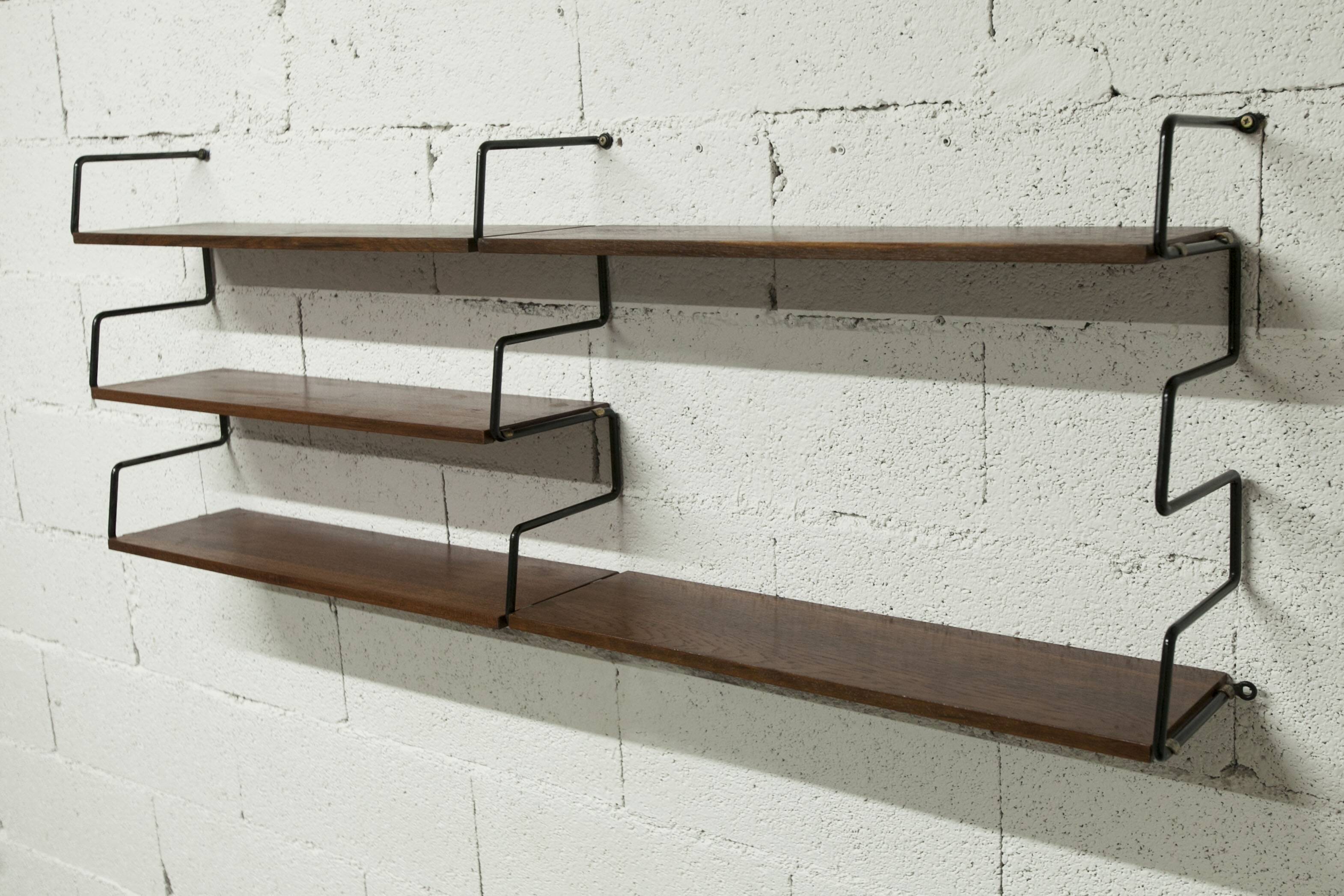 Zigzag string shelf 3 black ladders 5 teak shelves 1950