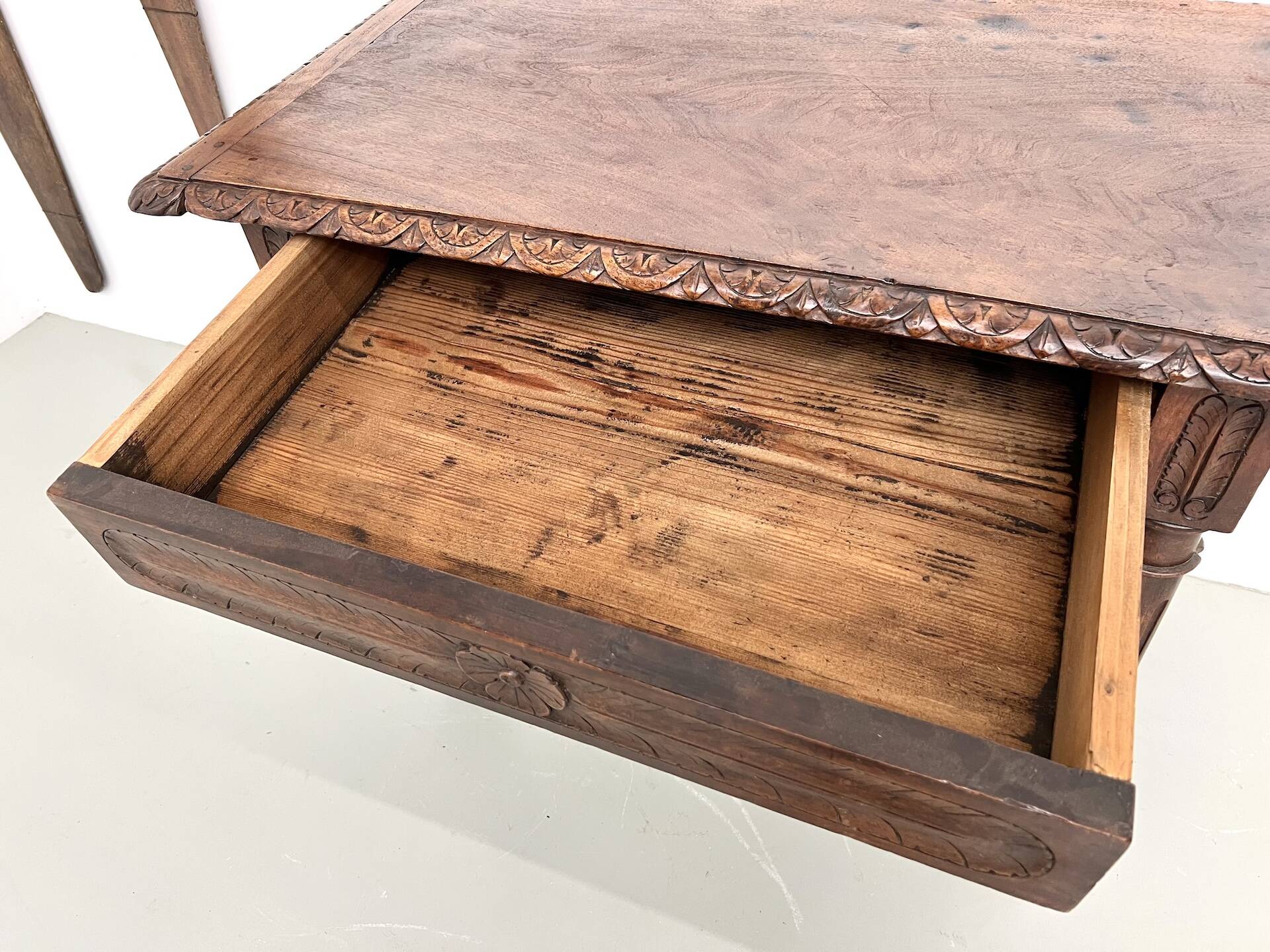 Small carved oak writing table, 19th century