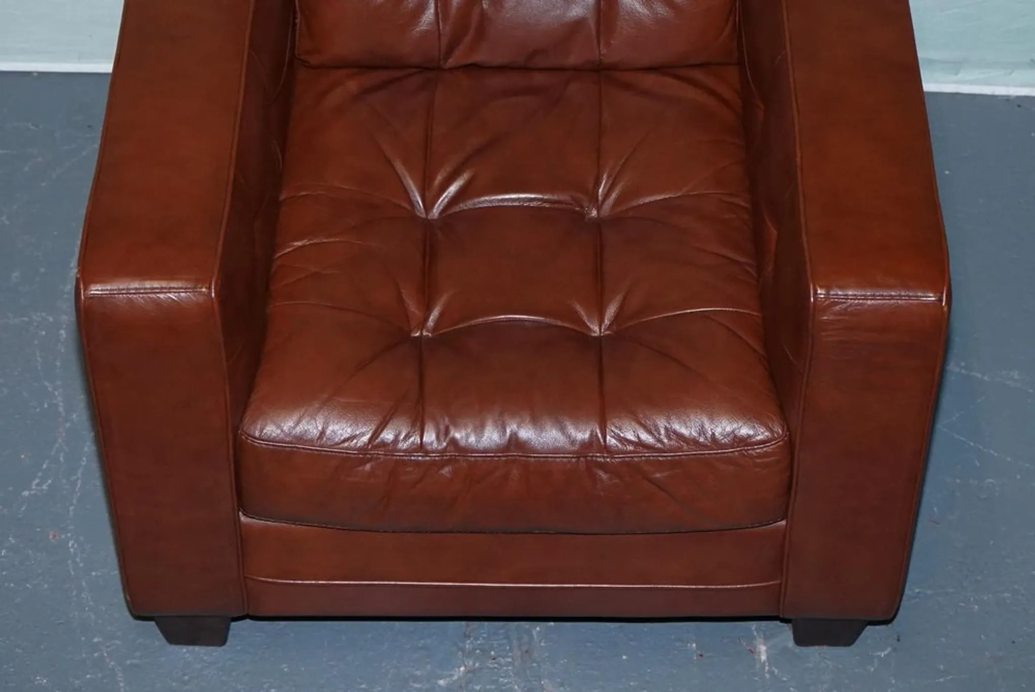 Vintage Minimalist Brown Leather Buttoned Armchair