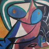 Portrait moderne du milieu du siècle, composition Bauhaus, peinture à l'huile, années 1960, encadrée