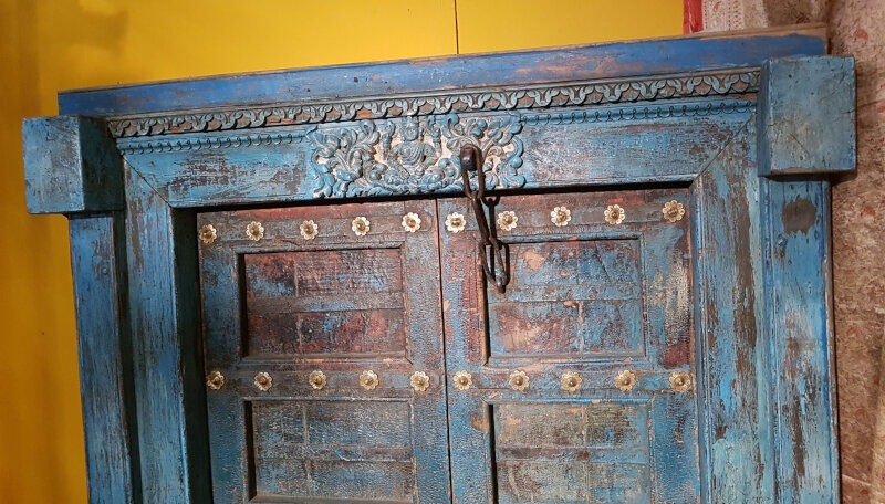 Door sculpted Indian Rajasthan old patina original old teak