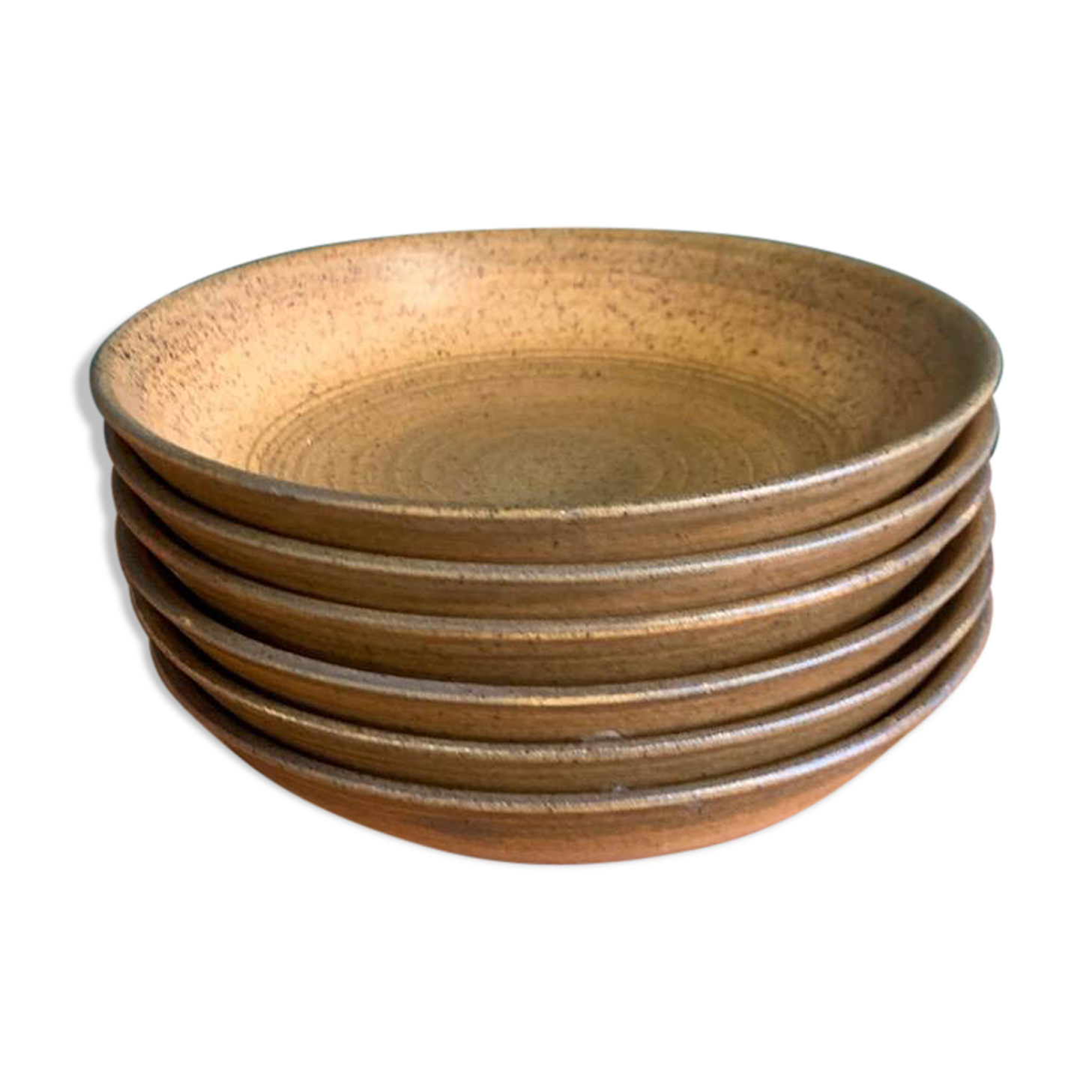 6 Longchamp brown enameled stoneware soup plates, 1970s