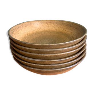 6 soup plates in Longchamp glazed stoneware, dating from the 1970s, in brown tones