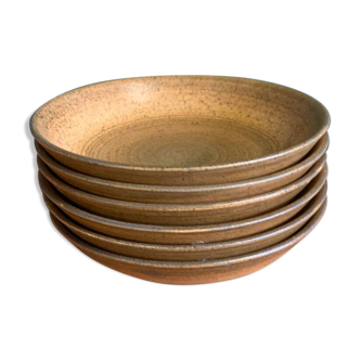 6 Longchamp brown enameled stoneware soup plates, 1970s