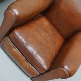 Pair of French Cognac Moustache Back Leather Club Chairs, 1940s