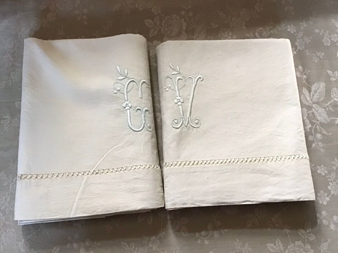 Pair of antique sheets marked "CV"