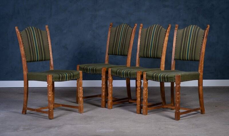 Vintage Brutalist Oak Dining Chairs by Henning Kjærnulf, 1960s, Set of 4