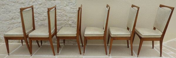 6 chaises vintage en simili cuir beige, bois massif et pieds laiton