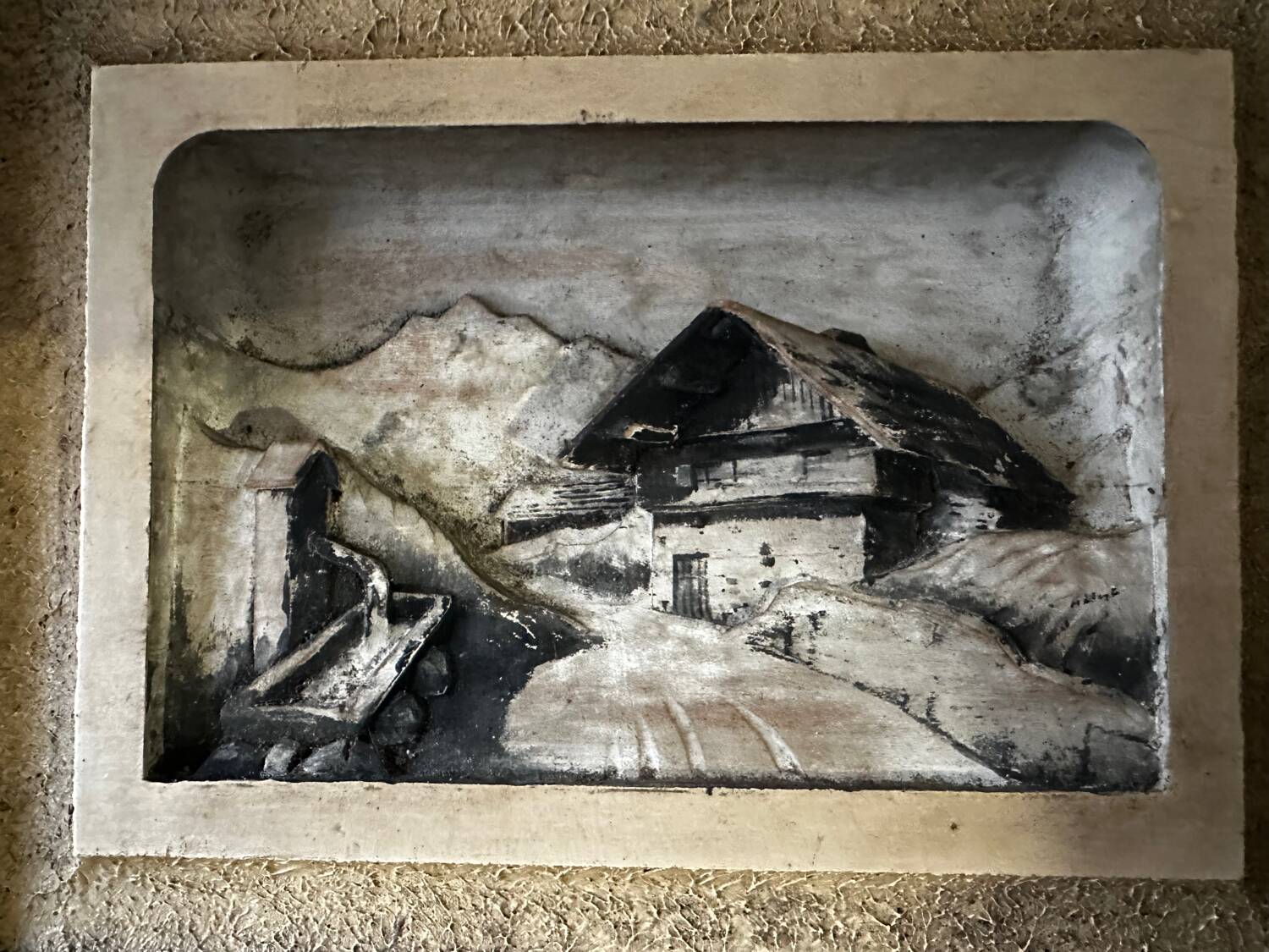 Carved and painted alpine tableau