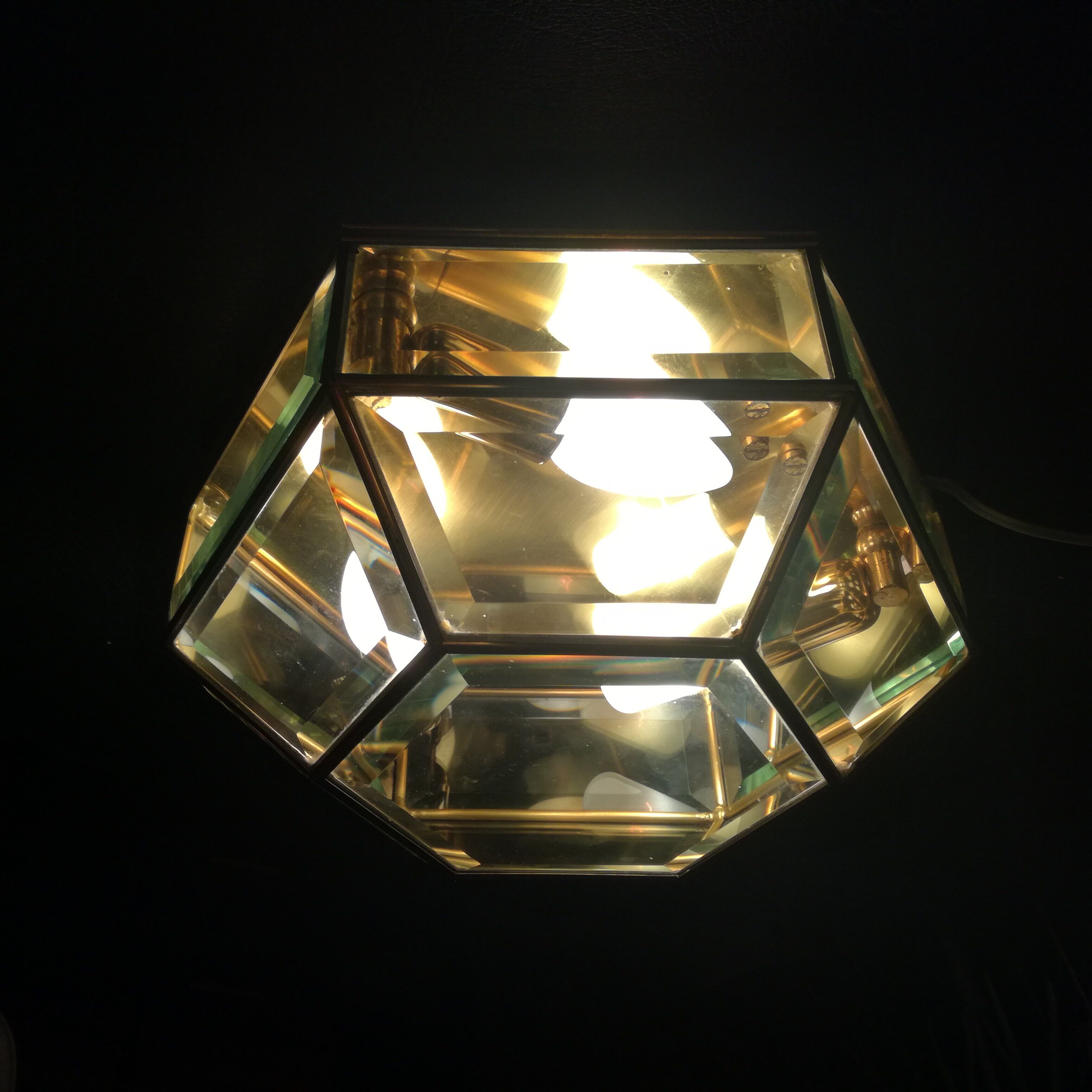 Hexagonal brass and bevelled glass ceiling light