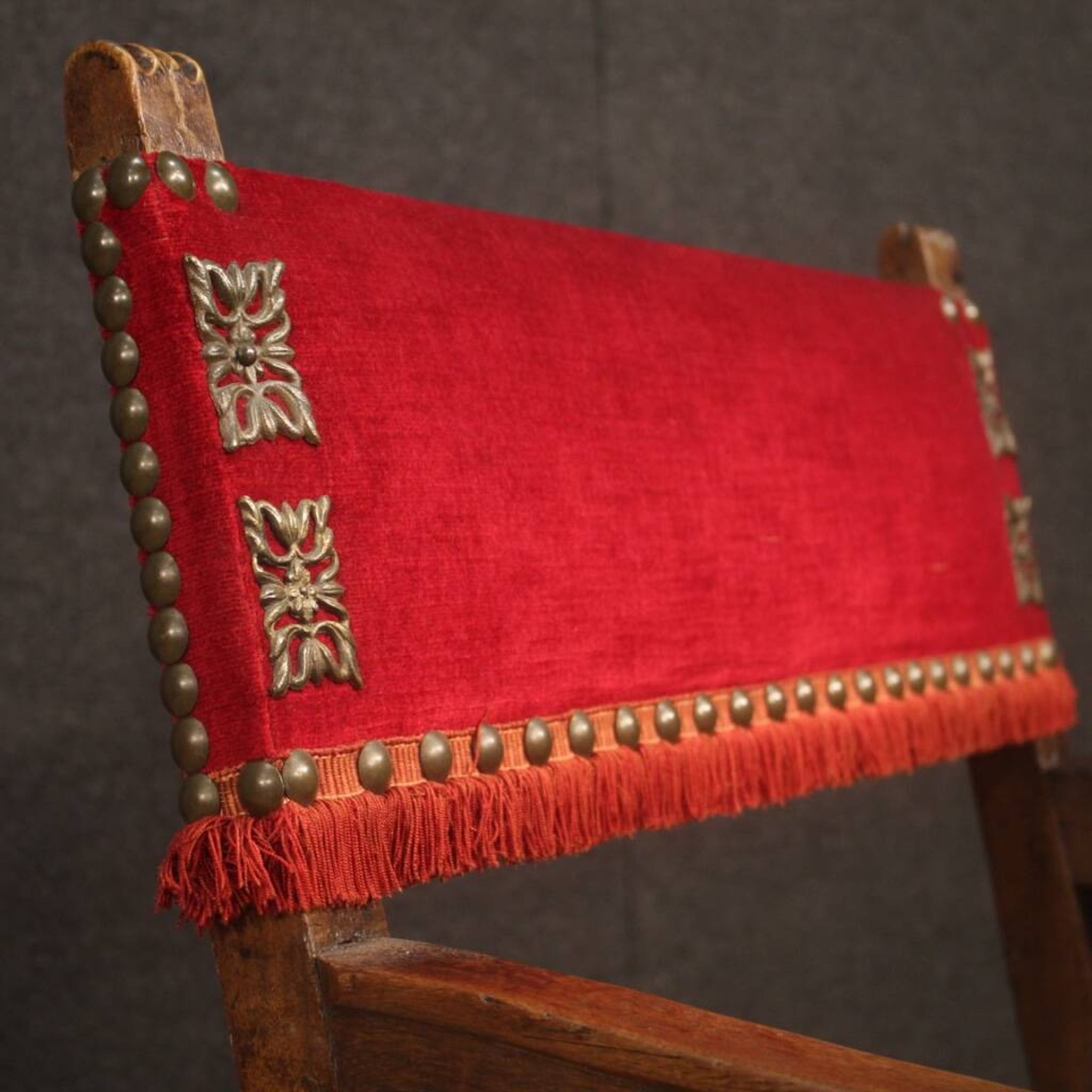 Antique Italian Walnut Armchair With Red Fabric From 19th Century