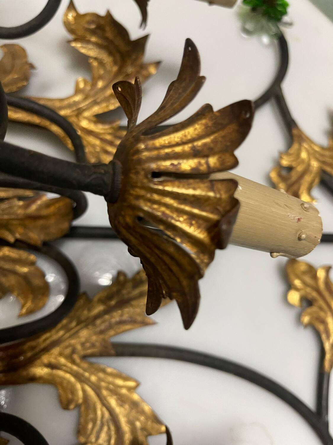 Extra Large Italian Tole Wall Light Sconce with Murano Glass Flowers