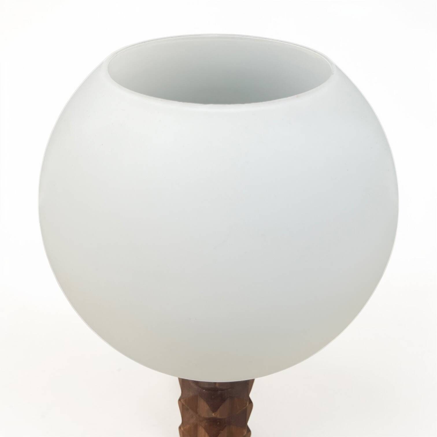 Wooden lamp in wabi-sabi brutalist style by Charles Dudouyt with white opaline.